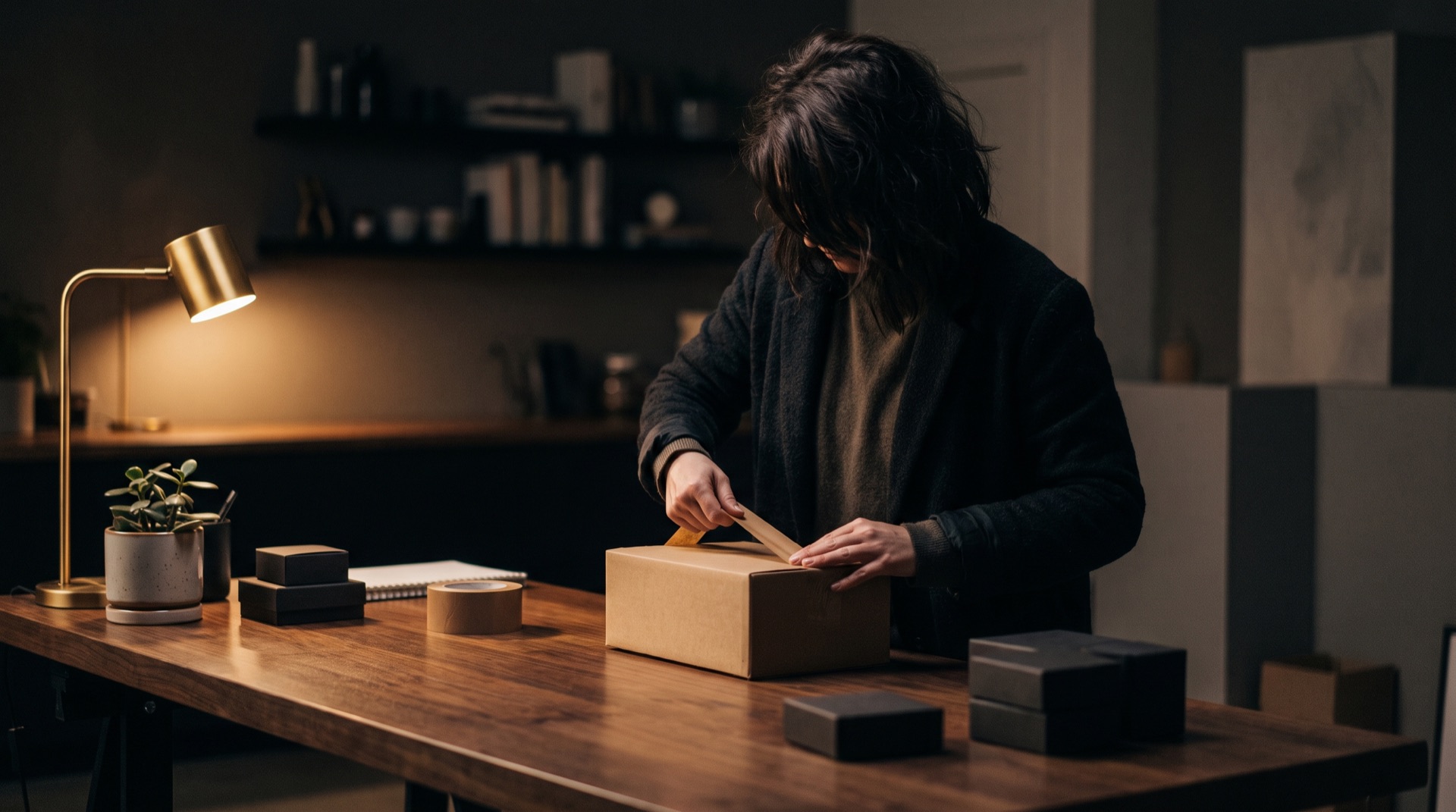 Une vendeuse ferme un colis kraft sur son plan de travail, dans la lumière chaude de son atelier.