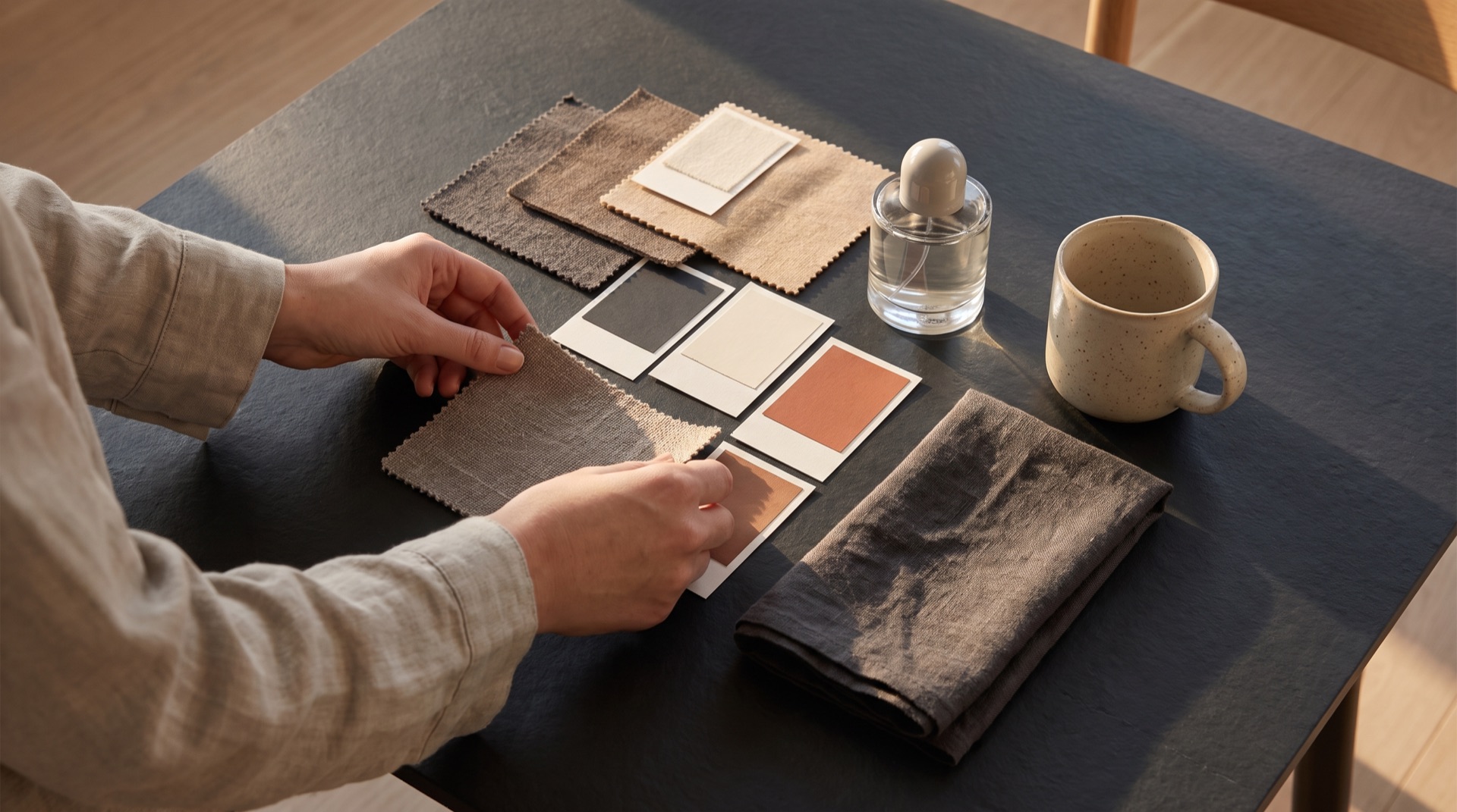 Deux mains composent une planche de marque : échantillons de matières, cartes de couleurs, objets choisis, posés sur une table sombre.