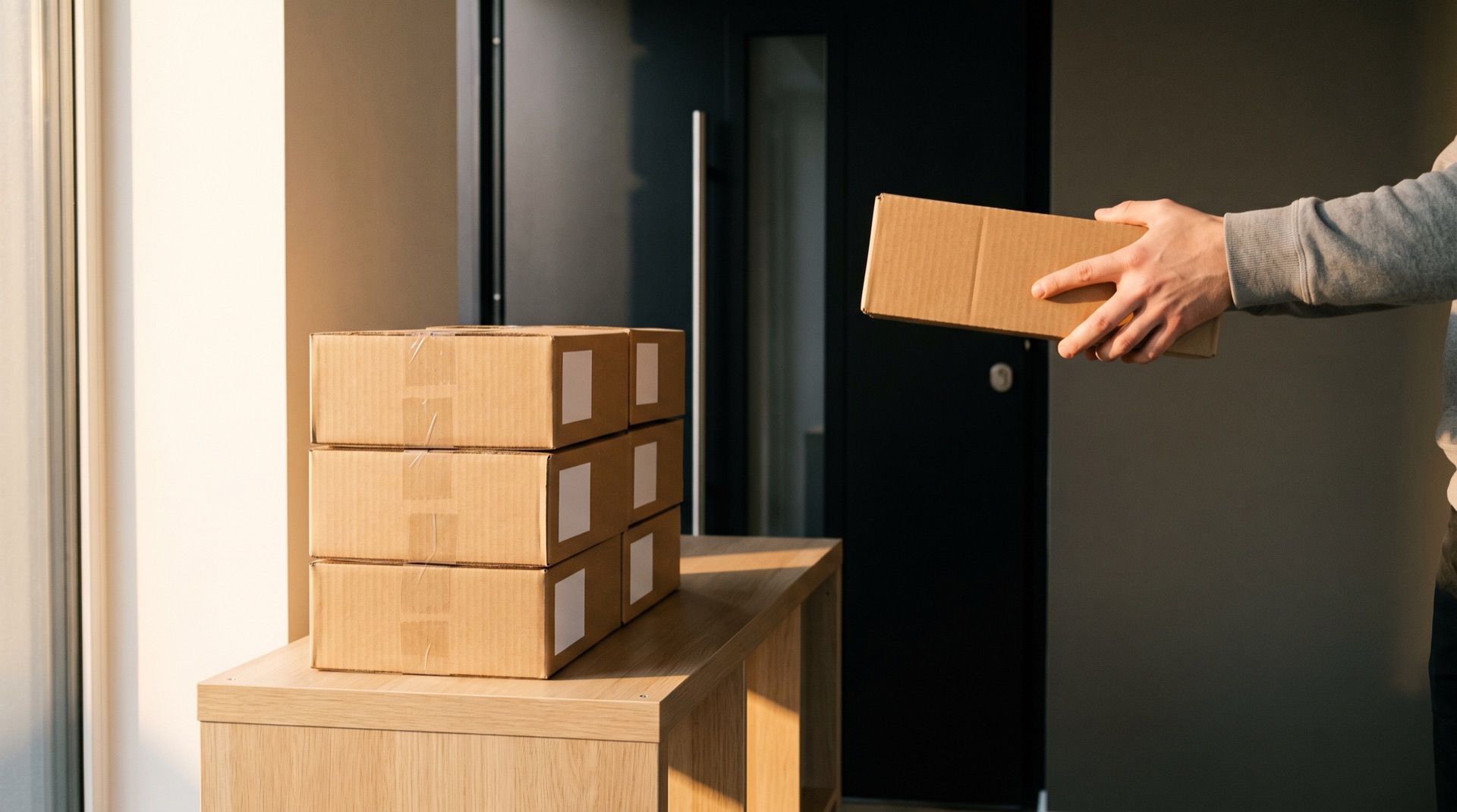 Des colis kraft scellés, posés près d’une porte dans la lumière du matin ; une main en saisit un pour le remettre au livreur.
