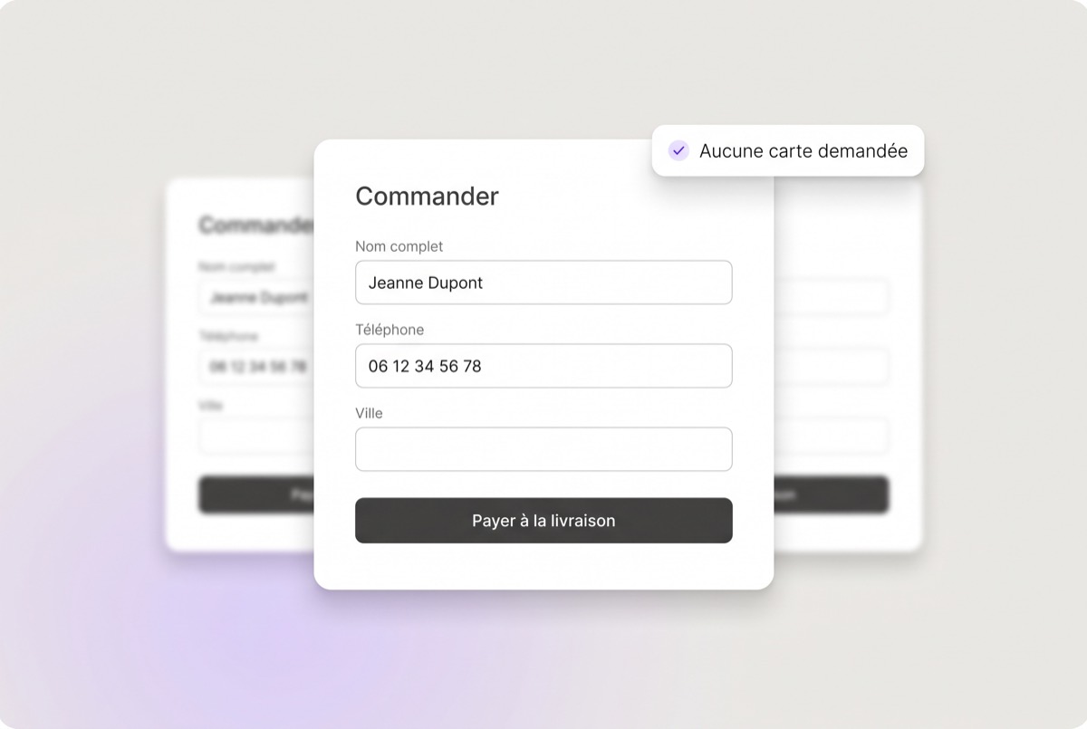 Un formulaire de commande : nom, téléphone, ville, et un bouton « Payer à la livraison ».