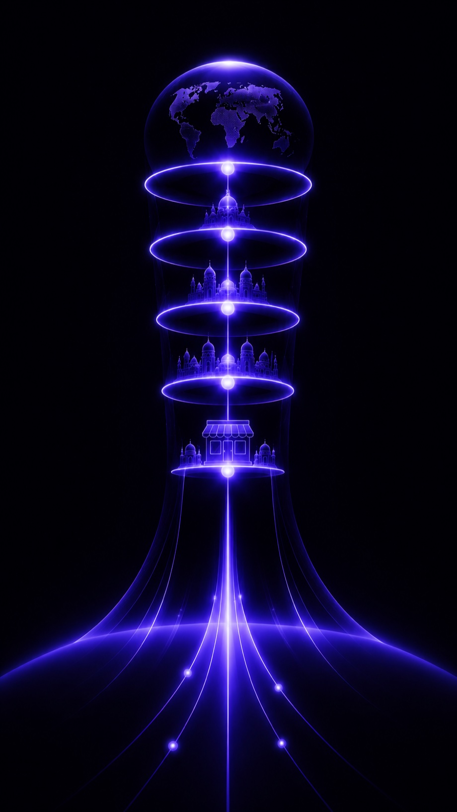 Une colonne de lumière violette s’élève d’une petite boutique et s’ouvre en étages successifs, jusqu’à un globe tout en haut.
