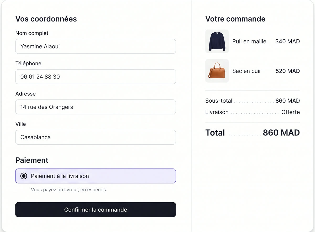 Une page de paiement : à gauche le nom, le téléphone et l’adresse du client, avec le paiement à la livraison sélectionné ; à droite le récapitulatif de la commande et son total.